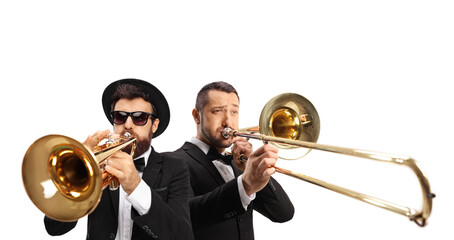 Male musicians playing a trombone and a trumpet - obrazy, fototapety, plakaty