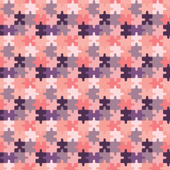 Puzzles seamless pattern. Creative background with multicolored puzzle pieces together. Vector repeat illustration. Pink and purple colours