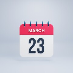 March Realistic Calendar Icon 3D Illustration Date March 23