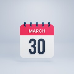 March Realistic Calendar Icon 3D Illustration Date March 30
