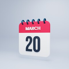 March Realistic Calendar Icon 3D Illustration Date March 20