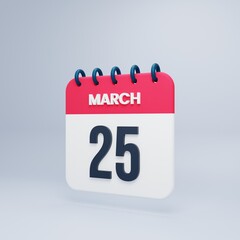 March Realistic Calendar Icon 3D Illustration Date March 25