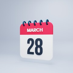 March Realistic Calendar Icon 3D Illustration Date March 28