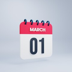 March Realistic Calendar Icon 3D Illustration Date March 01