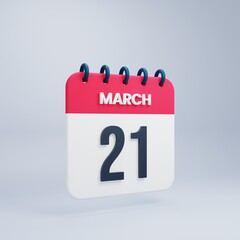 March Realistic Calendar Icon 3D Illustration Date March 21