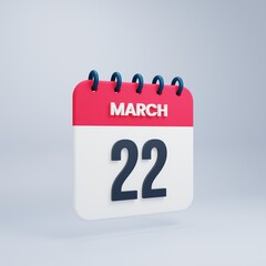 March Realistic Calendar Icon 3D Illustration Date March 22