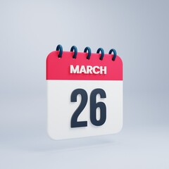 March Realistic Calendar Icon 3D Illustration Date March 26