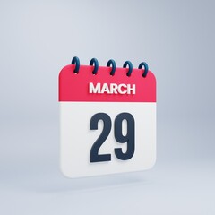 March Realistic Calendar Icon 3D Illustration Date March 29