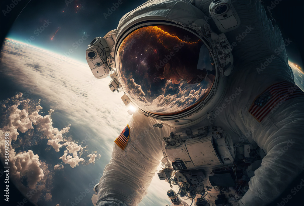 Wall mural close up of an astronaut floating in outer space. generative ai