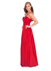 Elegant, prom and portrait of a woman in a red dress for an event isolated on a white background in a studio. Happy, fashion and model in a silk ball gown for a celebration on a studio background © T. Rose/peopleimages.com