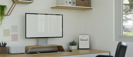 Minimalist white working space interior design with PC desktop computer mockup