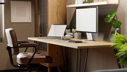 side view of a modern contemporary home office workspace with PC computer and laptop - obrazy, fototapety, plakaty