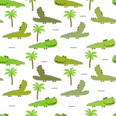 Fototapeten Seamless pattern with funny crocodiles and palmss. Childish background. Vector cute animal background © barberry