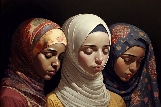 Diverse Muslim with eye closed artwork. Muslim female sisterhood. Women with hijab head coverings. Beauty illustration of multiracial women with head veils. generative ai