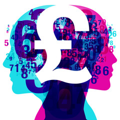 A male & female side silhouette positioned back-to-back, overlaid with various sized semi-transparent numbers. Centrally overlaid is a white “UK Pound Sterling” currency symbol.