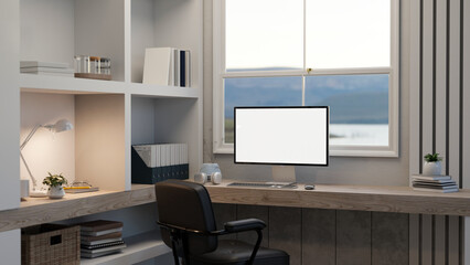 Modern contemporary home working room interior design with computer mockup, built-in shelves
