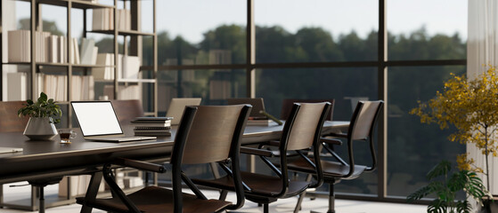 Modern urban meeting room or boardroom interior design with laptop white screen mockup