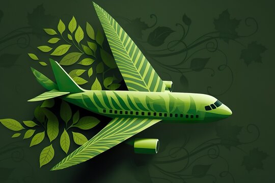 Sustainable Aviation Fuel. Airplane, Fresh Green Leaves On Green Background. Green Biofuel For Aviation