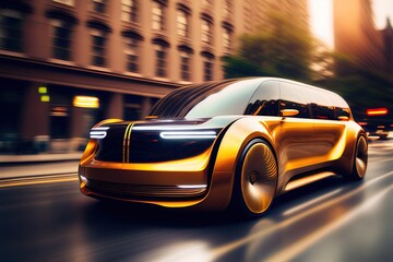 Fototapeta na wymiar Luxury futuristic electric taxi riding at the city street, blurred in motion. Generative art