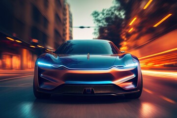 Naklejka premium Modern electric car riding on high speed at the street of the city. Street lights, blurred in motion. Generative art