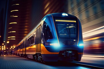 Obraz premium Modern electric train or tram rides at city street on high speed, blurred in motion. Generative art