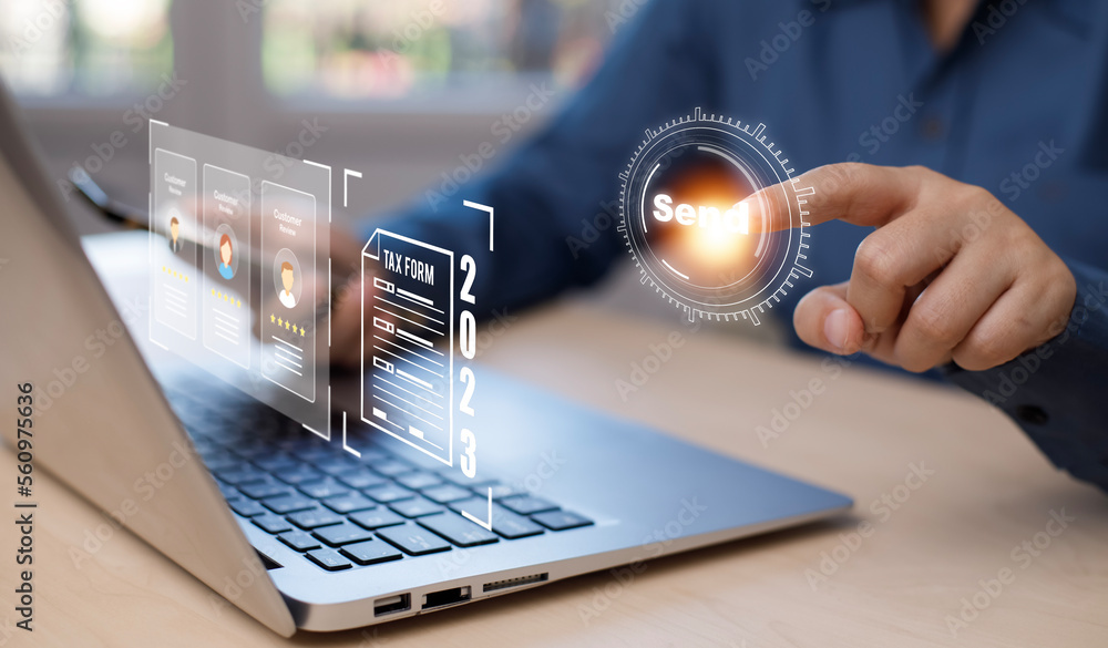 Poster concept working and planning new year 2023, man using laptop and smartphone with folder of document 