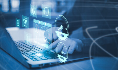 Fast internet connection with Metaverse technology concept, Hand holding smartphone and Virtual screen of Internet speed measurement,Internet and technology concept, 5G Hi speed internet concept