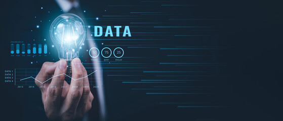 Businessman holding glowing light bulb with Data Management System on the computer, Hands working on a laptop cloud network graphic overlay, connected to the database. Corporate strategy for finance