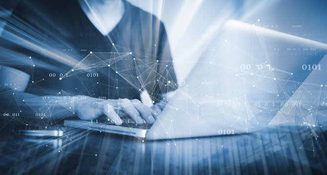 Businessman hand touch with Code html and programming on screen laptop,Programmer development Computer code,web design  coding technology in software, digital software technology development, IoT