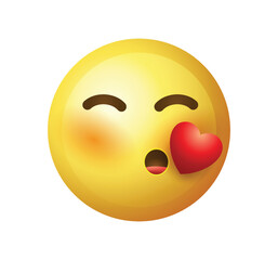 High quality emoticon on white background vector illustration. Emoji with flying kiss heart. A yellow face emoji kiss.