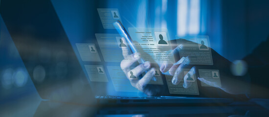 Manager checks CV on virtual screen. Human resource employee choose curriculum online. HR concept