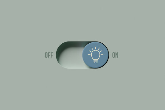 On and off toggle switch button, Light bulb icon, Creative idea and innovation concept, Solution thinking illustration, Creative sign, Innovation success, Turn on sign of idea, 3D rendering