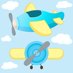 Airplanes fly in the sky. Cartoon airplanes.
