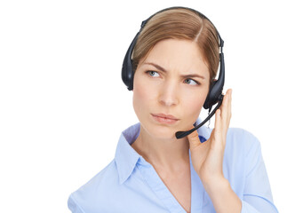 Thinking, customer service and face of woman at call center in studio isolated on white background mock up. Crm, ideas and doubt of female telemarketer, consultant or sales agent listening on headset