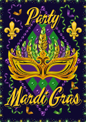 Vertical carnaval poster with yellow mask, ribbons, beads, text, fleur de lis. Design for Mardi Gras carnival, party in vintage style. Detailed illustration