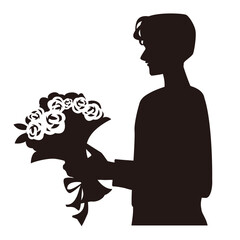 薔薇の花束を手に持つ男性の上半身のシルエットのイラスト。