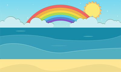 Fototapeta na wymiar beach in paper cut style, with sea, clouds, beach, rainbow, sun. illustration. vectors