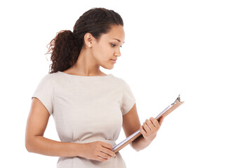 Business, reading and portrait of woman with clipboard survey, checklist or report with mock up....