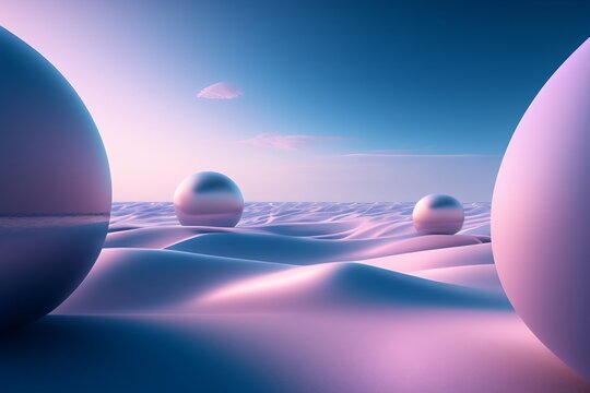 Reflective gleaming giant glass balls lying in the desert, their pink hue glimmering in the sun. Surrealism.