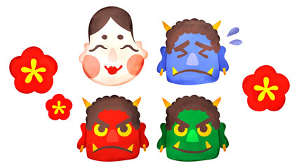 お福さんや色々な表情の鬼のお面。水彩風イラストセット。