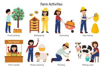 Farm activities set with cute kids farmers. Cute characters doing gardening and agricultural work. Harvesting, beekeeping, sheep shearing, planting and more. On the farm collection vector illustration