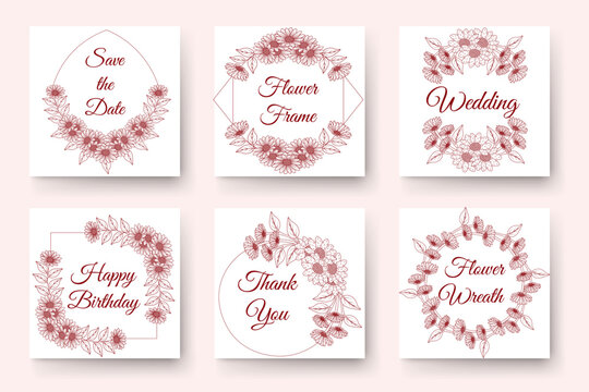 Hand drawn flower wreath design with floral elements for birthday new year wedding invitation Card