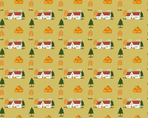 Autumn seamless pattern with county house and halloween pumpkins vector