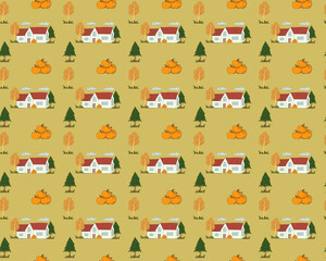 Fototapeta premium Autumn seamless pattern with county house and halloween pumpkins vector