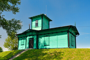 Historic wooden building, water gauge in Korzeniewo, Pomeranian Voivodeship, Poland.