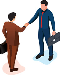 Two business people handshaking. Business deal and agreement. Vector illustration isometric design