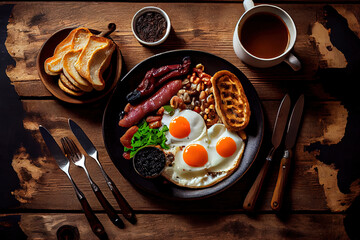 Full fry up English breakfast with fried eggs for good health