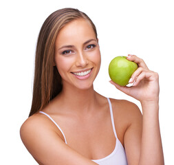 Apple, wellness and portrait of woman on a white background for healthy lifestyle, cosmetics and wellbeing. Diet, healthcare and face of girl with fruit for organic products, vitamins and nutrition