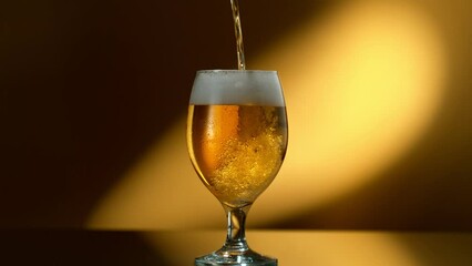 Super slow motion of pouring beer into glass with camera move. Filmed on high speed cinema camera at 1000 fps.
