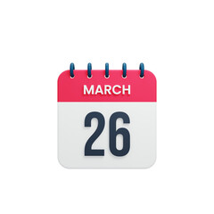 March Realistic Calendar Icon 3D Illustration Date March 26